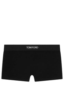 Tom Ford women’s boxer briefs in black with ribbed waistband featuring white Tom Ford logo for comfortable wear
