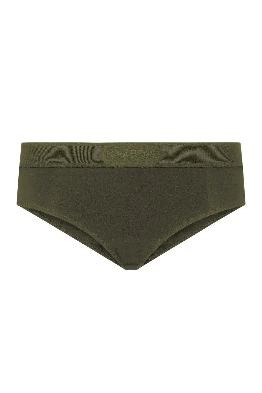 Olive green tom ford briefs with ribbed waistband featuring the brand logo for tom ford women’s boy signature culottes green