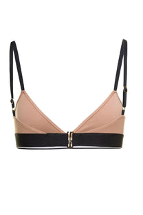 Tom Ford women’s beige and black triangle bra with ribbed band and gold-tone buckle for stylish support