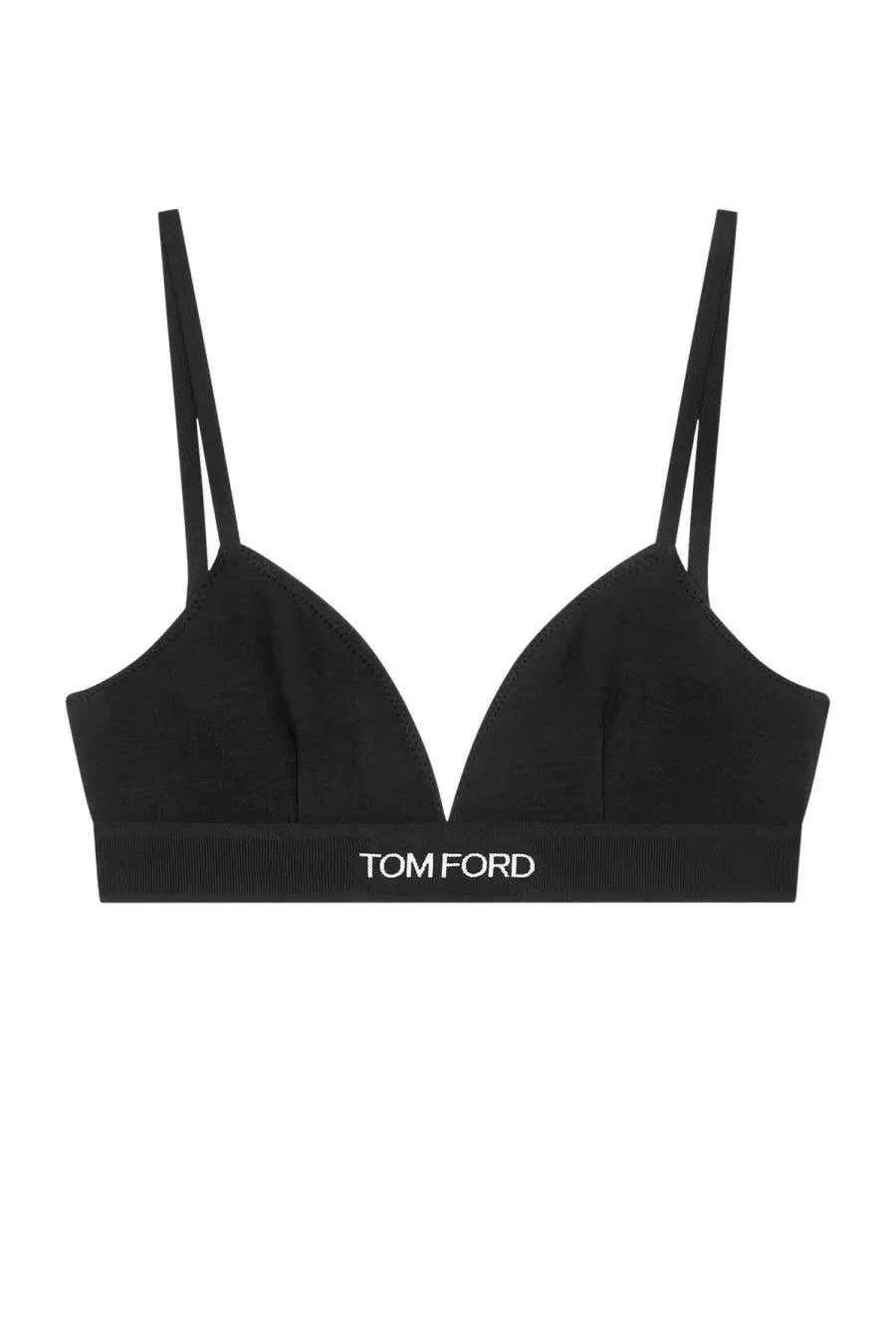 Tom Ford women’s black bra with thin straps and ribbed band featuring white logo for stylish support