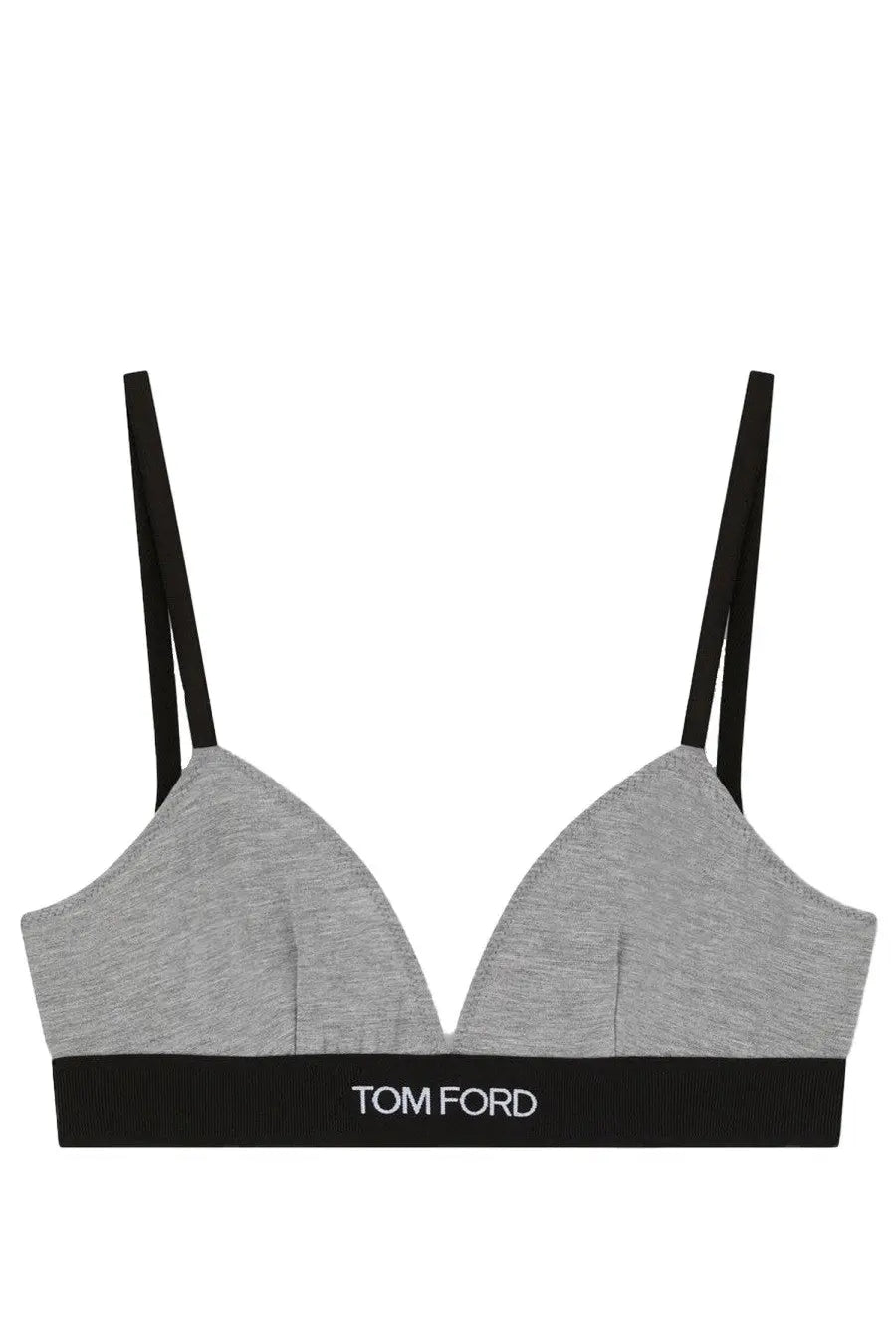 Tom Ford women’s bra grey heathered fabric with black straps and black logo band in white detailing