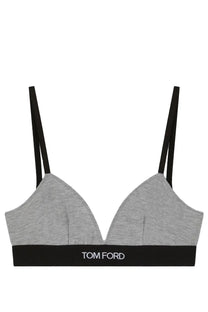 Tom Ford women’s bra grey heathered fabric with black straps and black logo band in white detailing