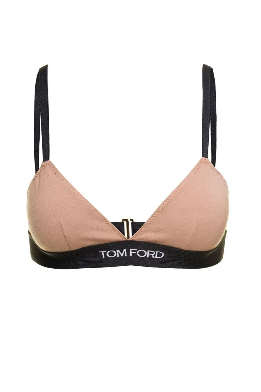 Beige tom ford women’s triangle bikini top with black straps and contrasting logo band in signature beige color
