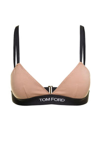 Beige tom ford women’s triangle bikini top with black straps and contrasting logo band in signature beige color