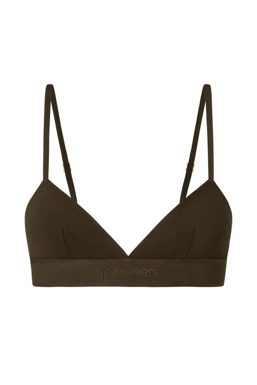 Dark olive green tom ford triangle bra with thin straps and ribbed band in signature brown for women
