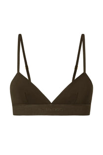 Dark olive green tom ford triangle bra with thin straps and ribbed band in signature brown for women