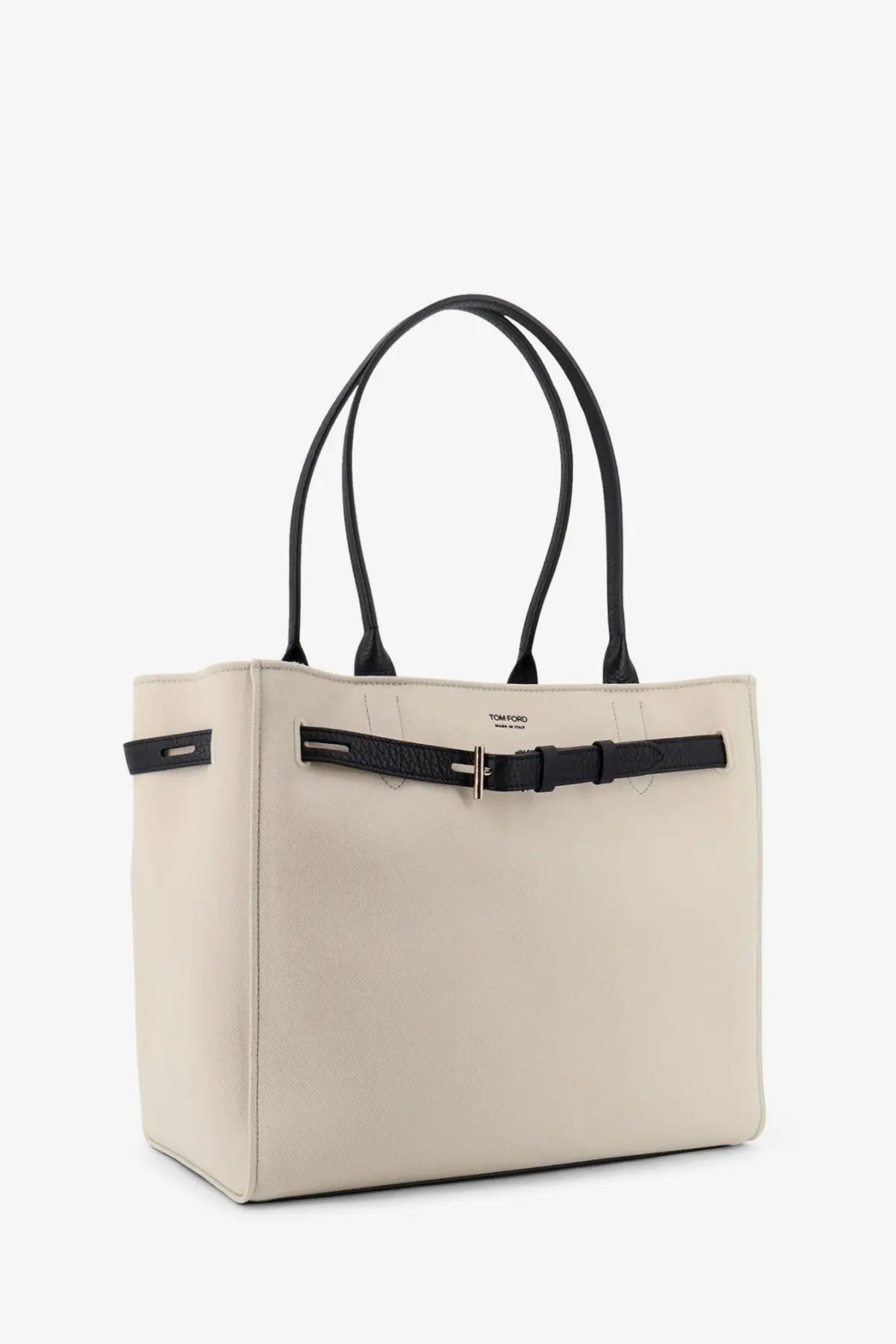 Tom Ford women’s canvas shoulder bag black featuring cream leather tote with black handles and black belt-style strap