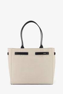 Cream-colored leather tote bag with black handles and strap accents by Tom Ford women’s canvas shoulder bag black
