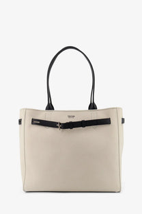 Tom Ford women’s cream leather tote bag with black handles and textured black belt detail across the front