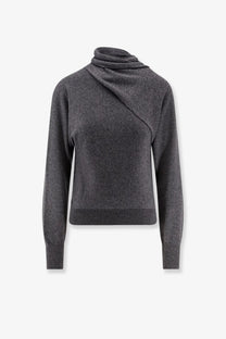 Tom Ford women’s dark gray cashmere and cotton knit sweater with draped cowl neck and ribbed cuffs