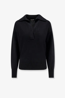 Tom Ford women’s black cashmere polo shirt sweater with collar and ribbed cuffs in knit fabric