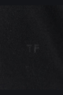 Black textured tom ford women’s cashmere polo shirt sweater with subtle embroidered tf logo on the front
