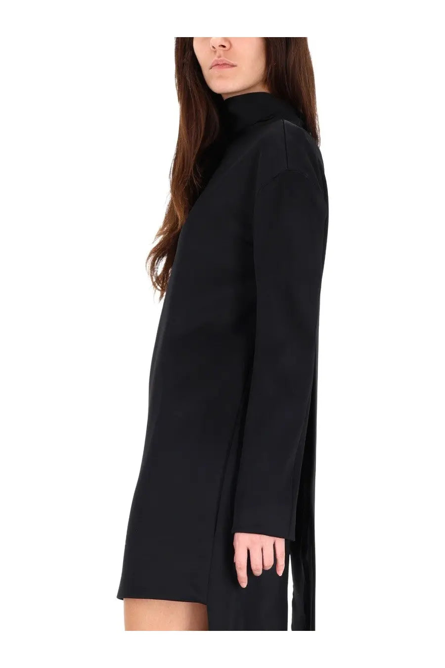 Tom Ford women’s black cocktail dress with high neck long sleeves straight cut and asymmetrical hemline