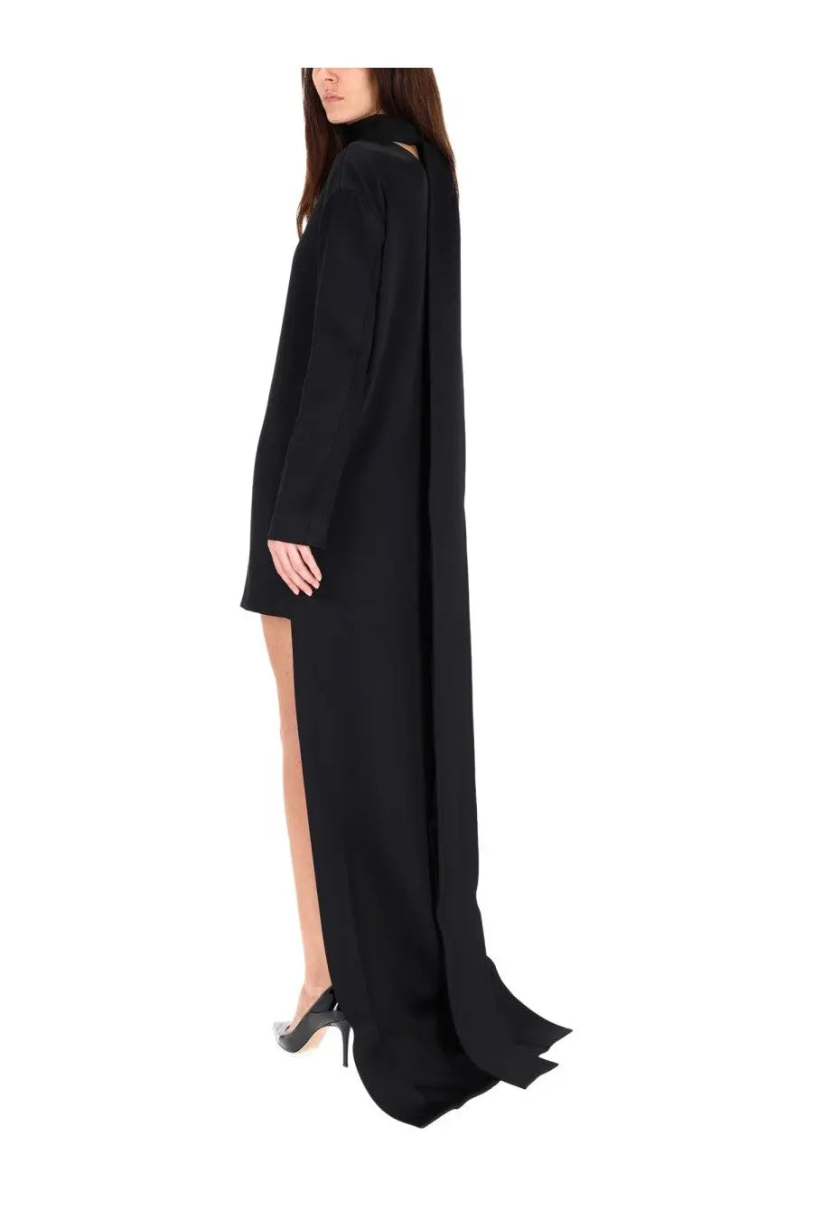 Tom Ford women’s black cocktail dress with long sleeves cape design high neckline and thigh-high slit