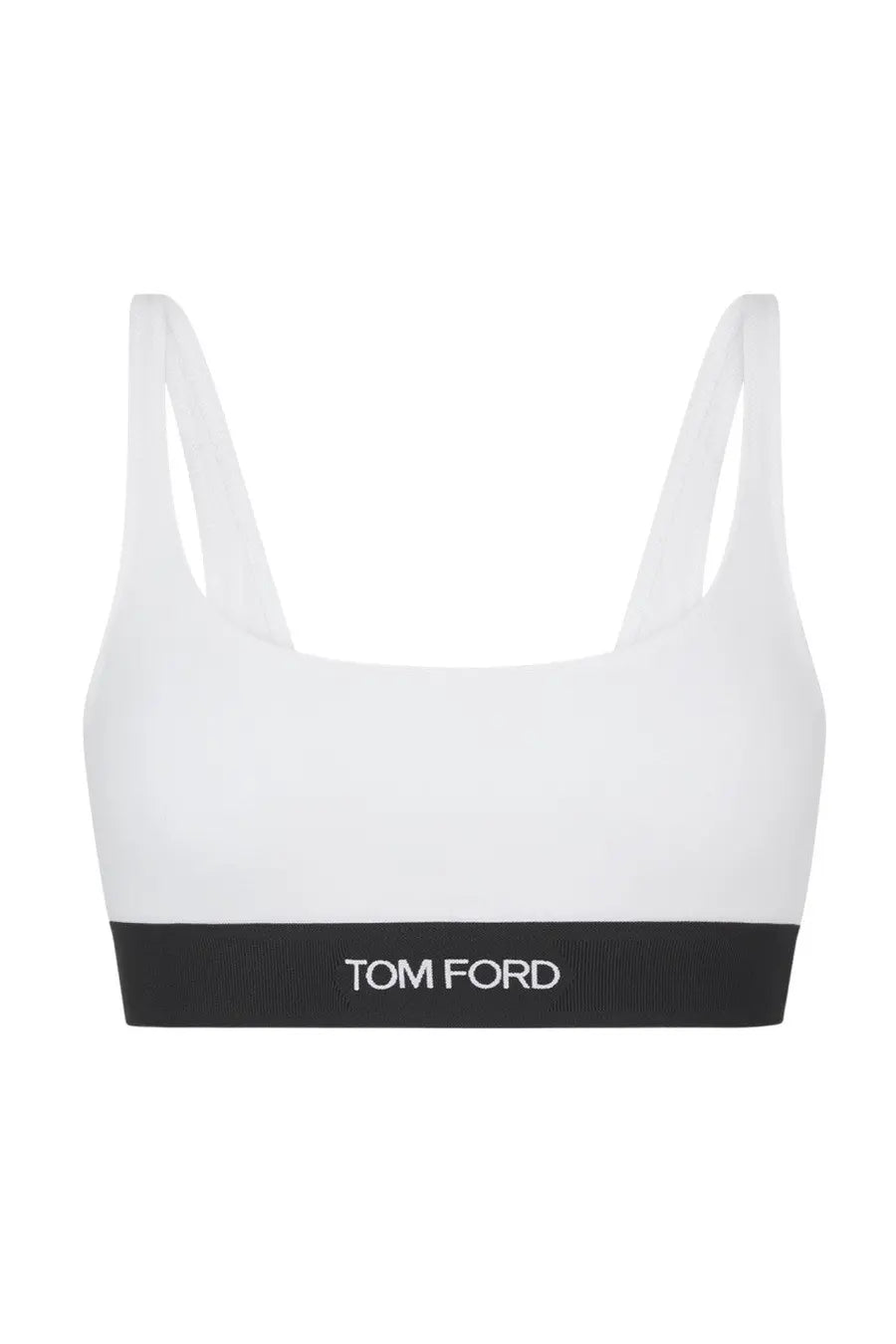 Tom Ford women’s designer modal bralette white sports bra with black band and white logo lettering