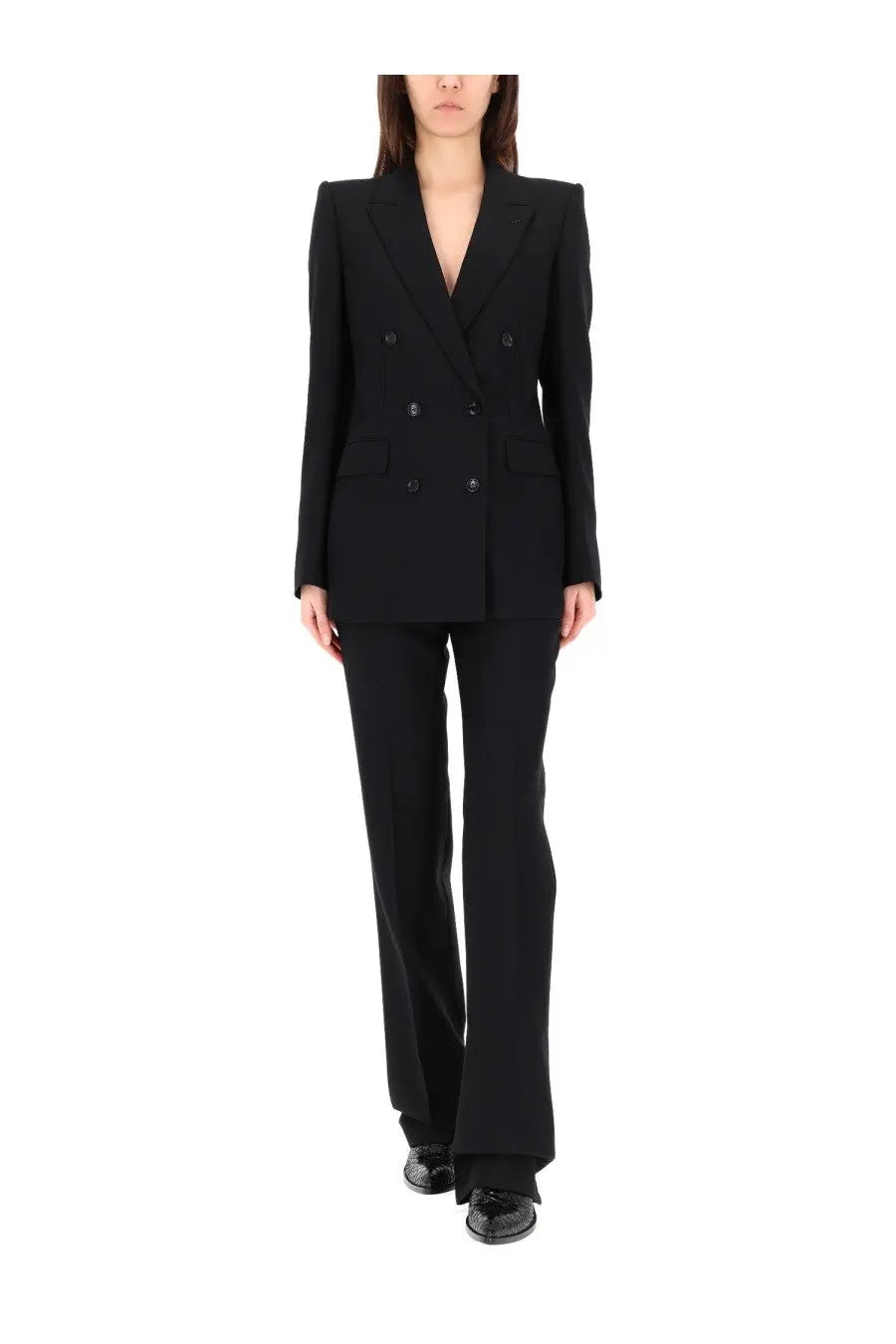 Tom Ford women’s double breasted black blazer with structured shoulders and sleek tailored fit in luxurious fabric