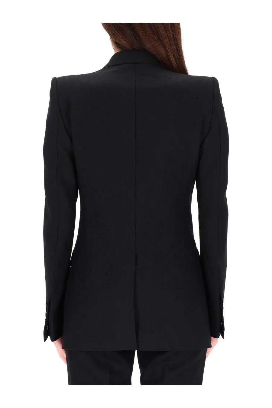 Tom Ford women’s black double breasted tailored blazer with structured shoulders and sleek minimalist design