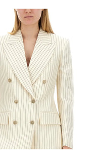 Tom Ford women’s cream double-breasted blazer with thin black pinstripes and gold toned buttons wallis pink
