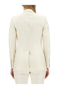 Tom Ford women’s double breasted jacket in cream-colored pinstripe with fine black vertical stripes Wallis Pink