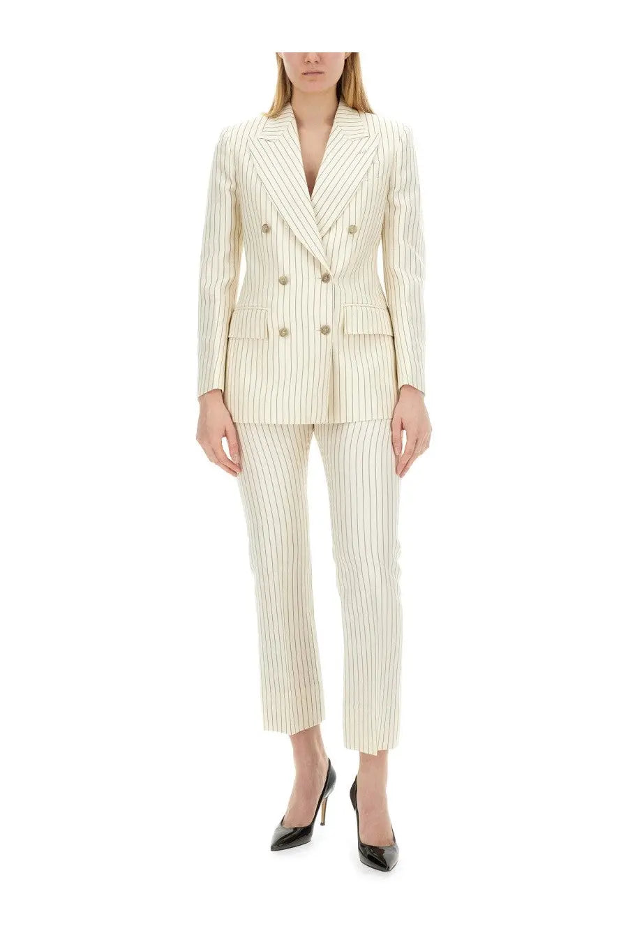 Tom ford women’s double breasted cream pinstripe blazer with matching cropped trousers in wallis pink color