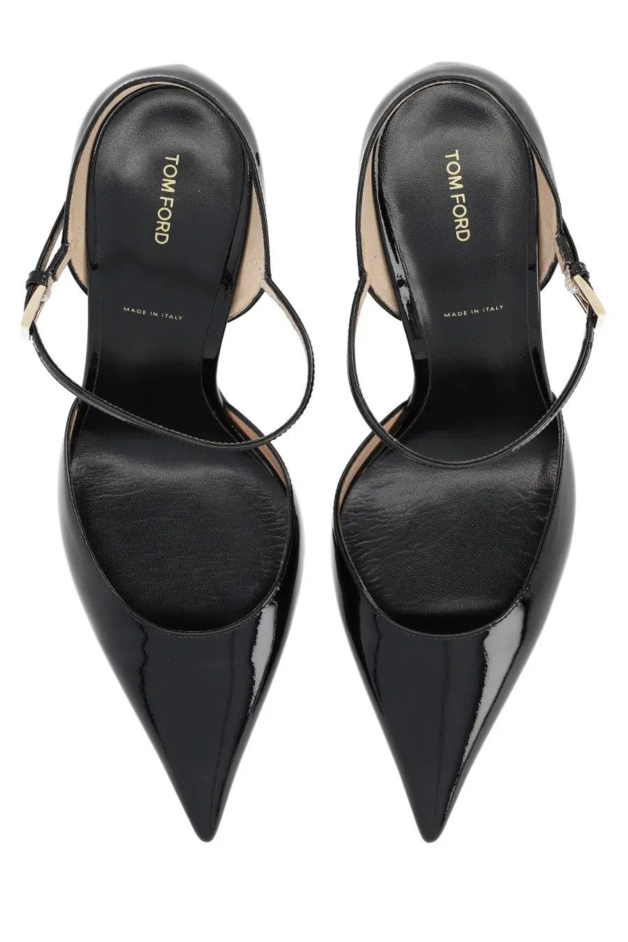 Tom Ford women’s Écolleté Mary Jane black patent leather slingback heels with pointed toe and gold-tone buckle