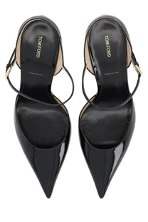 Tom Ford women’s Écolleté Mary Jane black patent leather slingback heels with pointed toe and gold-tone buckle