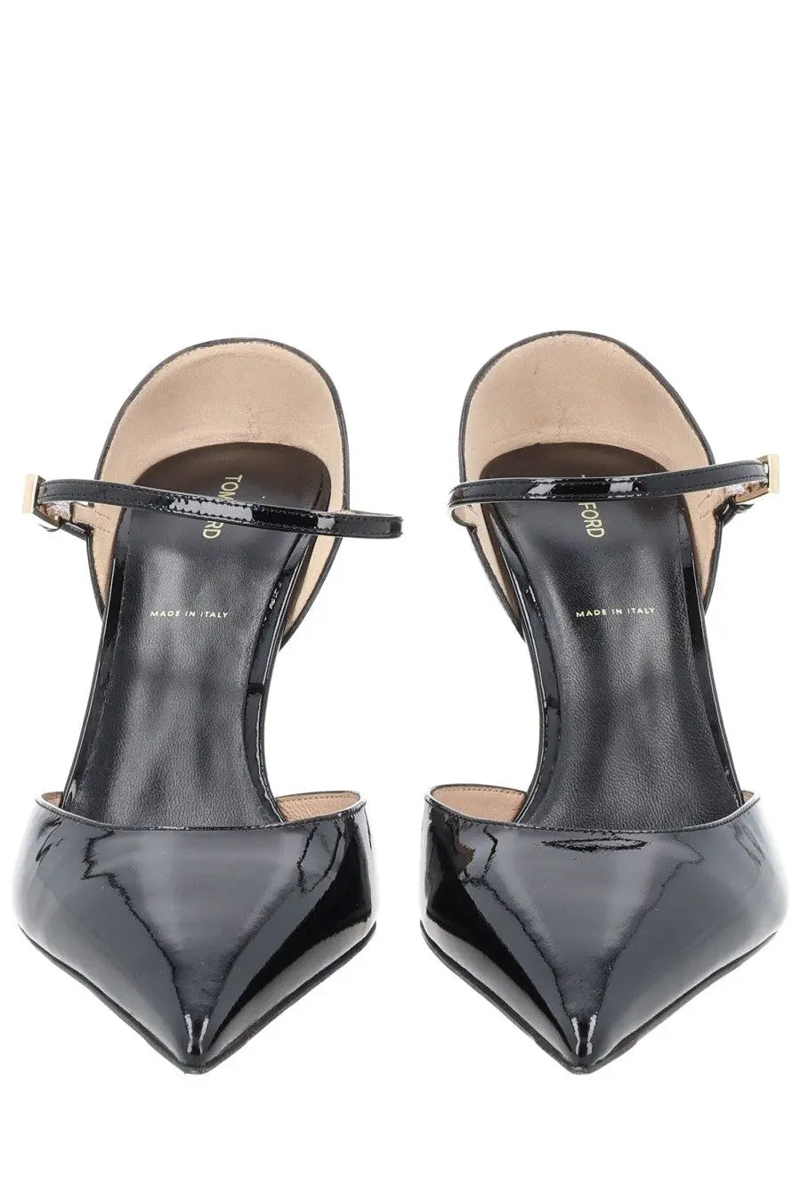 Tom Ford women’s Écolleté Mary Jane black patent leather high heels with pointed toe t-strap and gold-tone buckle