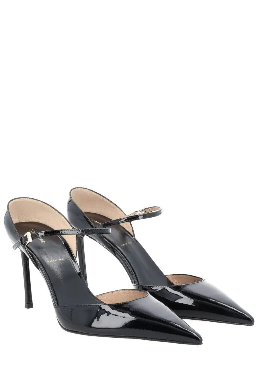 Tom Ford Women’s Écolleté Mary Jane black patent leather pointed-toe slingback heels with thin ankle strap and stiletto heel