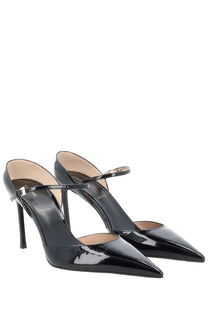 Tom Ford Women’s Écolleté Mary Jane black patent leather pointed-toe slingback heels with thin ankle strap and stiletto heel