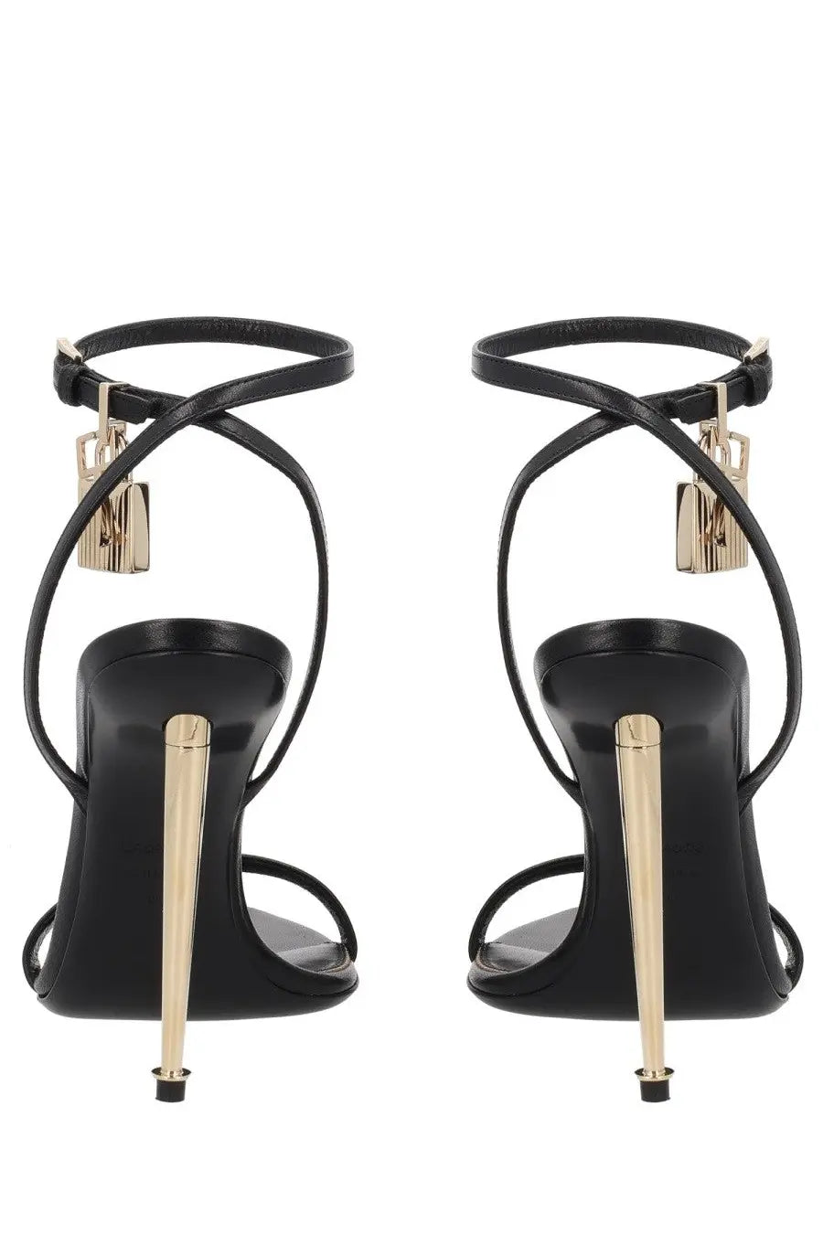 Tom ford women’s black leather heeled sandals with gold-tone lock charms and slender heels