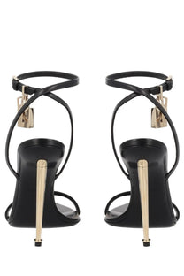 Tom ford women’s black leather heeled sandals with gold-tone lock charms and slender heels