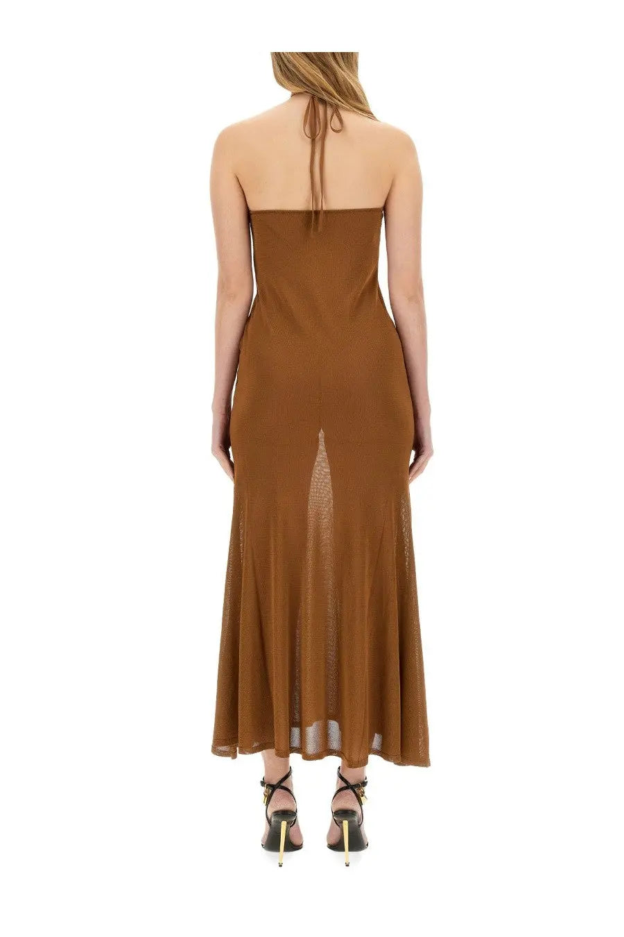 Back view of tom ford women’s bronze jersey maxi dress with backless strapless design high slit and tie-back detail