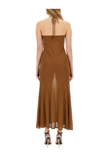 Back view of tom ford women’s bronze jersey maxi dress with backless strapless design high slit and tie-back detail