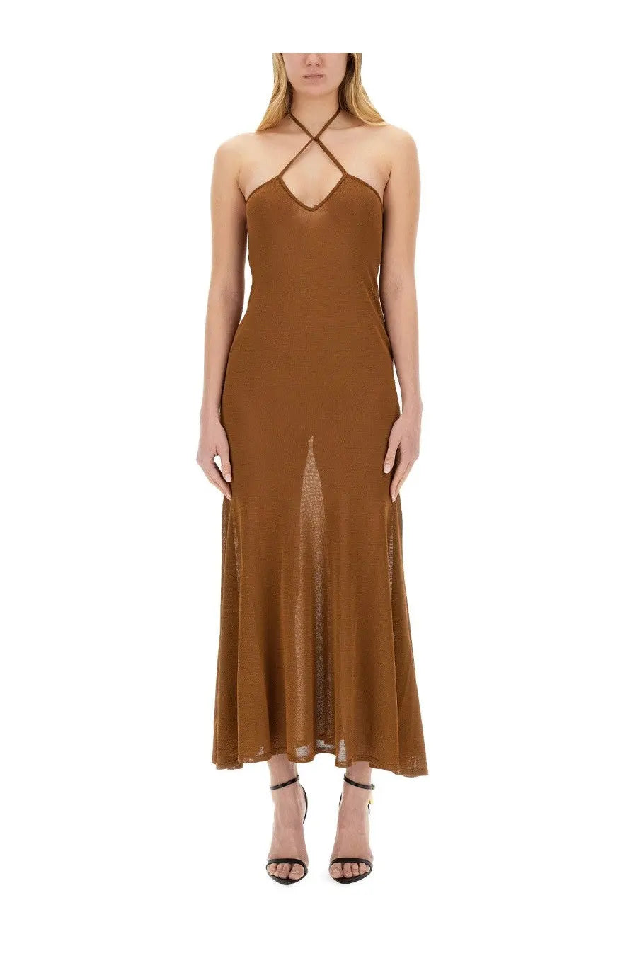 Tom Ford women’s jersey dress bronze flowing halter neck maxi with sheer mesh panel at the front