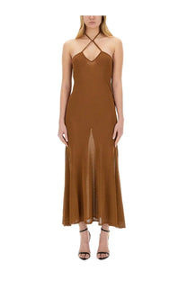 Tom Ford women’s jersey dress bronze flowing halter neck maxi with sheer mesh panel at the front
