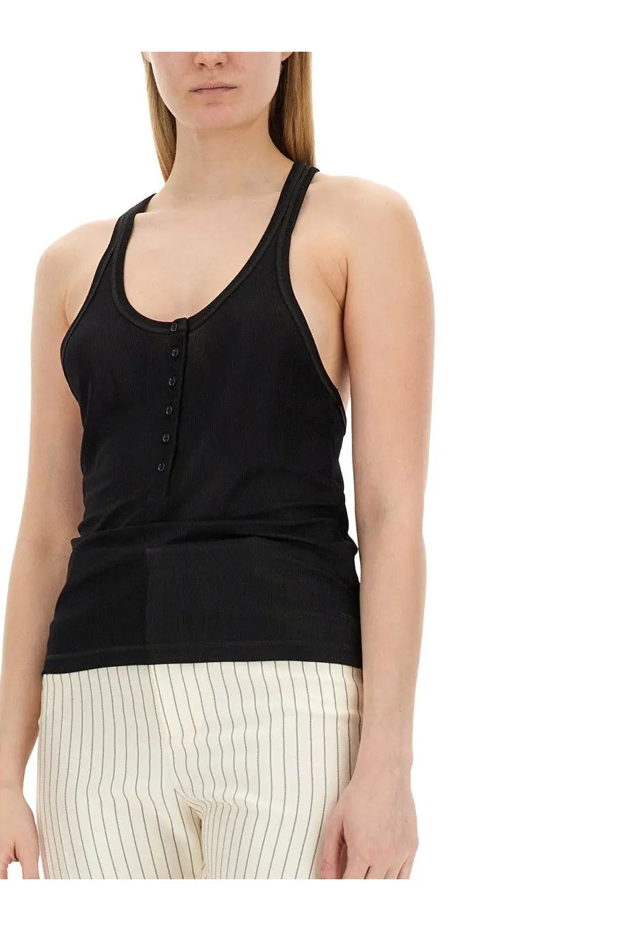 Tom Ford women’s black ribbed knit jersey tank top with button-front placket for casual wear
