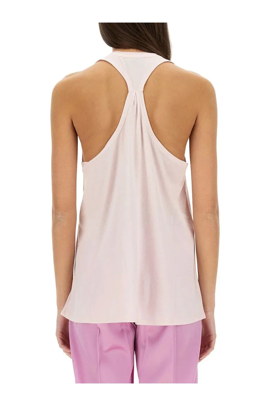 A soft blush pink lightweight satin tank top with racerback design shown from the back in Tom Ford women’s jersey top blue