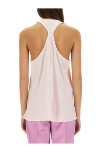 A soft blush pink lightweight satin tank top with racerback design shown from the back in Tom Ford women’s jersey top blue