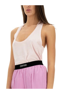 Tom Ford women’s soft pink jersey halter-neck top with black elastic tom ford logo band at the waistline