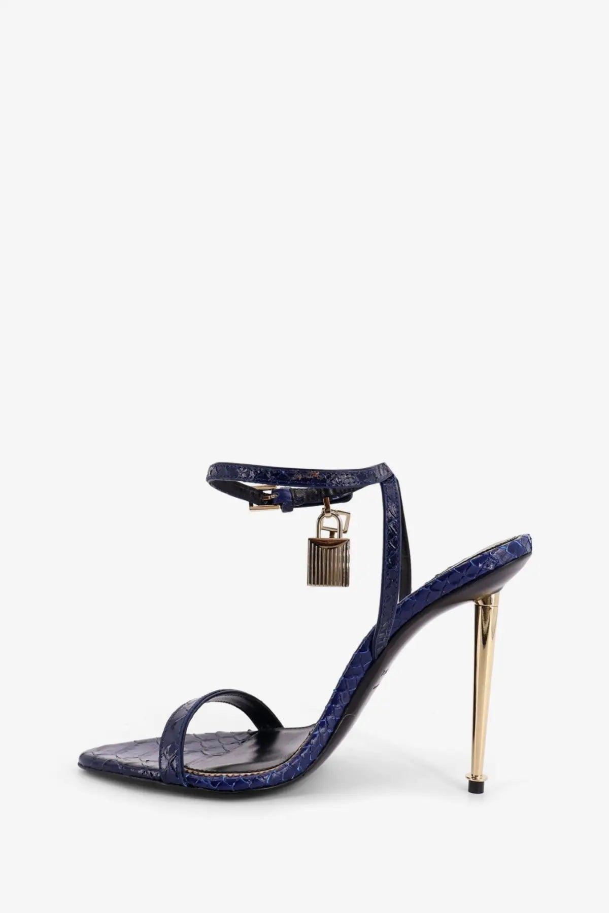 Deep blue python-skin textured tom ford women’s laminated leather sandal with gold-tone stiletto heel and padlock charm