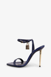 Deep blue python-skin textured tom ford women’s laminated leather sandal with gold-tone stiletto heel and padlock charm