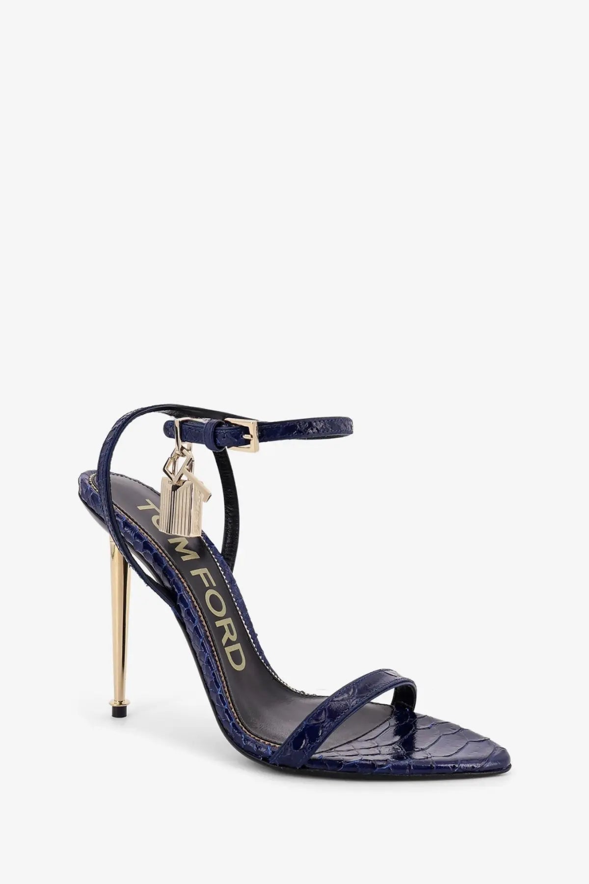 Tom Ford women’s navy blue snake-print laminated leather sandals with gold-tone stiletto heel and ankle strap