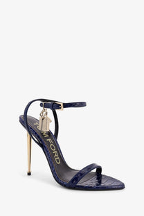Tom Ford women’s navy blue snake-print laminated leather sandals with gold-tone stiletto heel and ankle strap