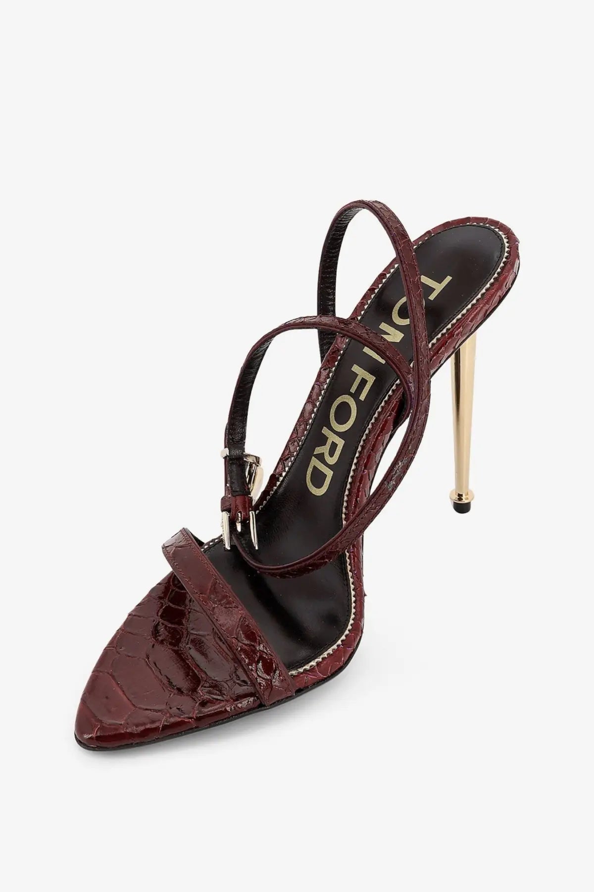 Tom Ford women’s laminated leather sandals in red with burgundy croc-embossed satin slingback heel and gold-tone stiletto