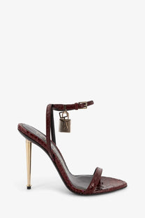 Tom ford women’s laminated leather burgundy crocodile-embossed sandals with gold-tone stiletto heel and ankle strap lock charm