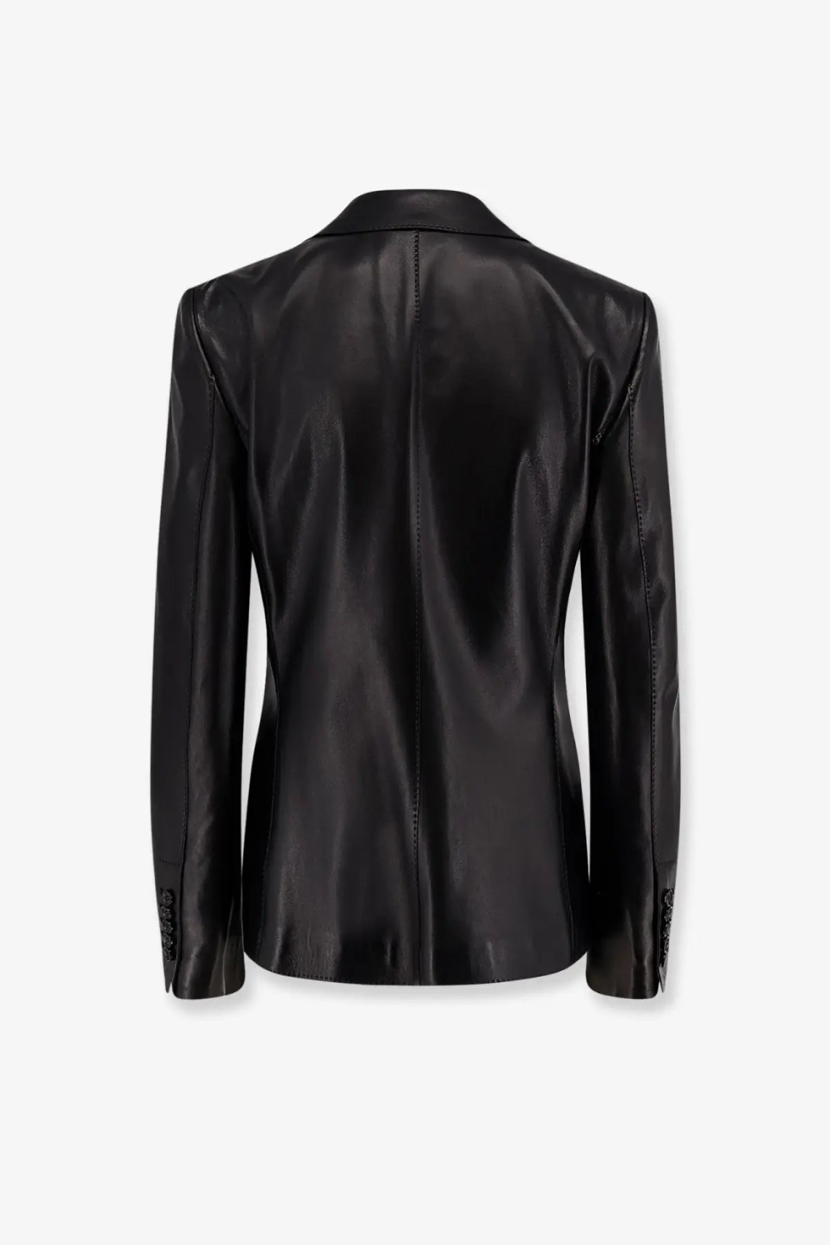 Tom Ford women’s black leather blazer with sleek glossy finish and subtle stitching details
