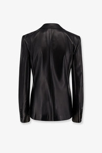 Tom Ford women’s black leather blazer with sleek glossy finish and subtle stitching details