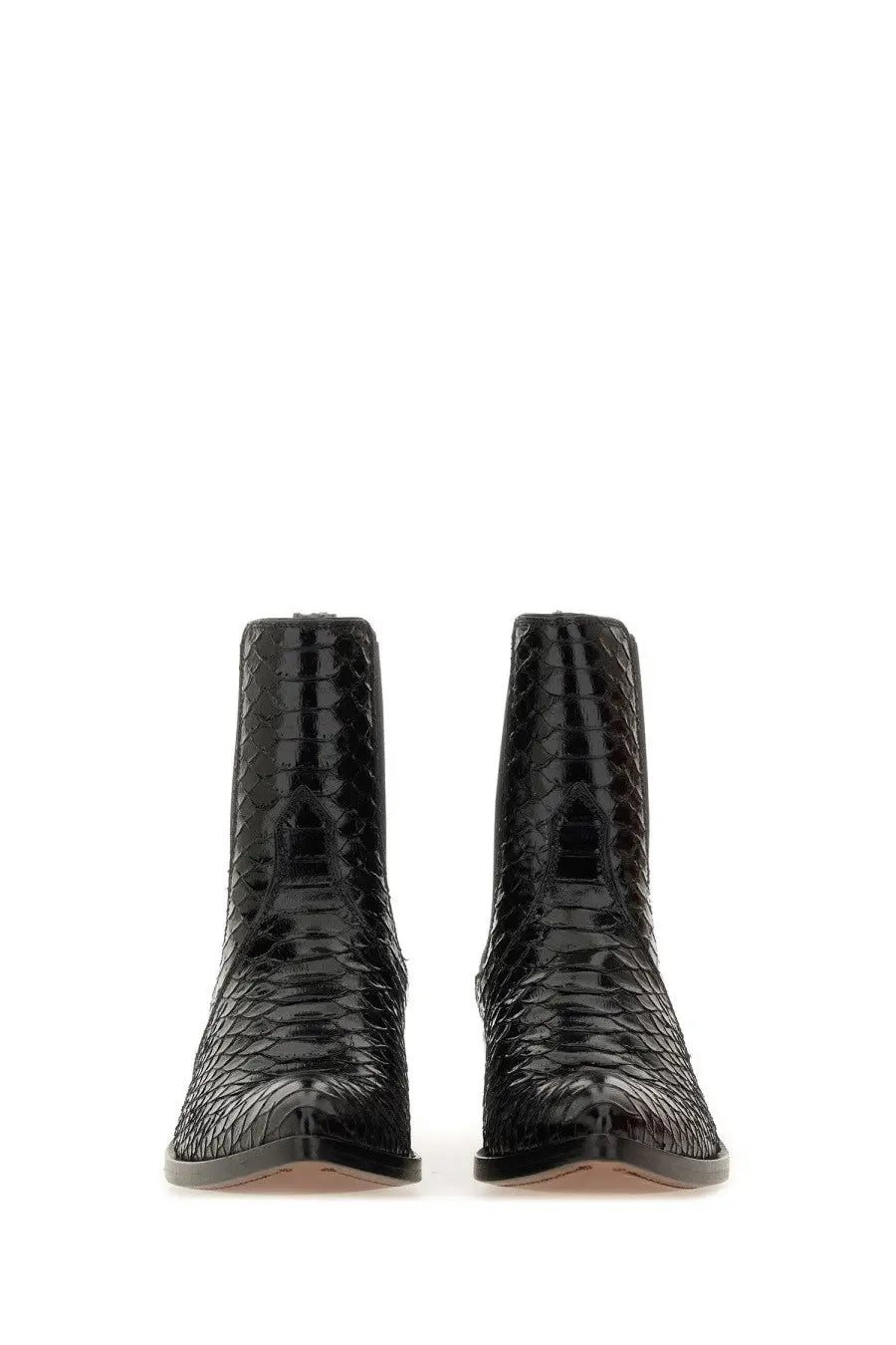 Tom Ford women’s black leather ankle boots with black python-skin texture pointed toe and sleek glossy finish