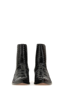 Tom Ford women’s black leather ankle boots with black python-skin texture pointed toe and sleek glossy finish