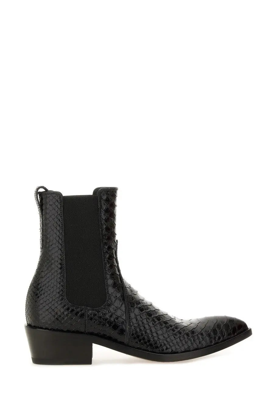 Black tom ford women’s leather chelsea boot with python skin texture and low block heel